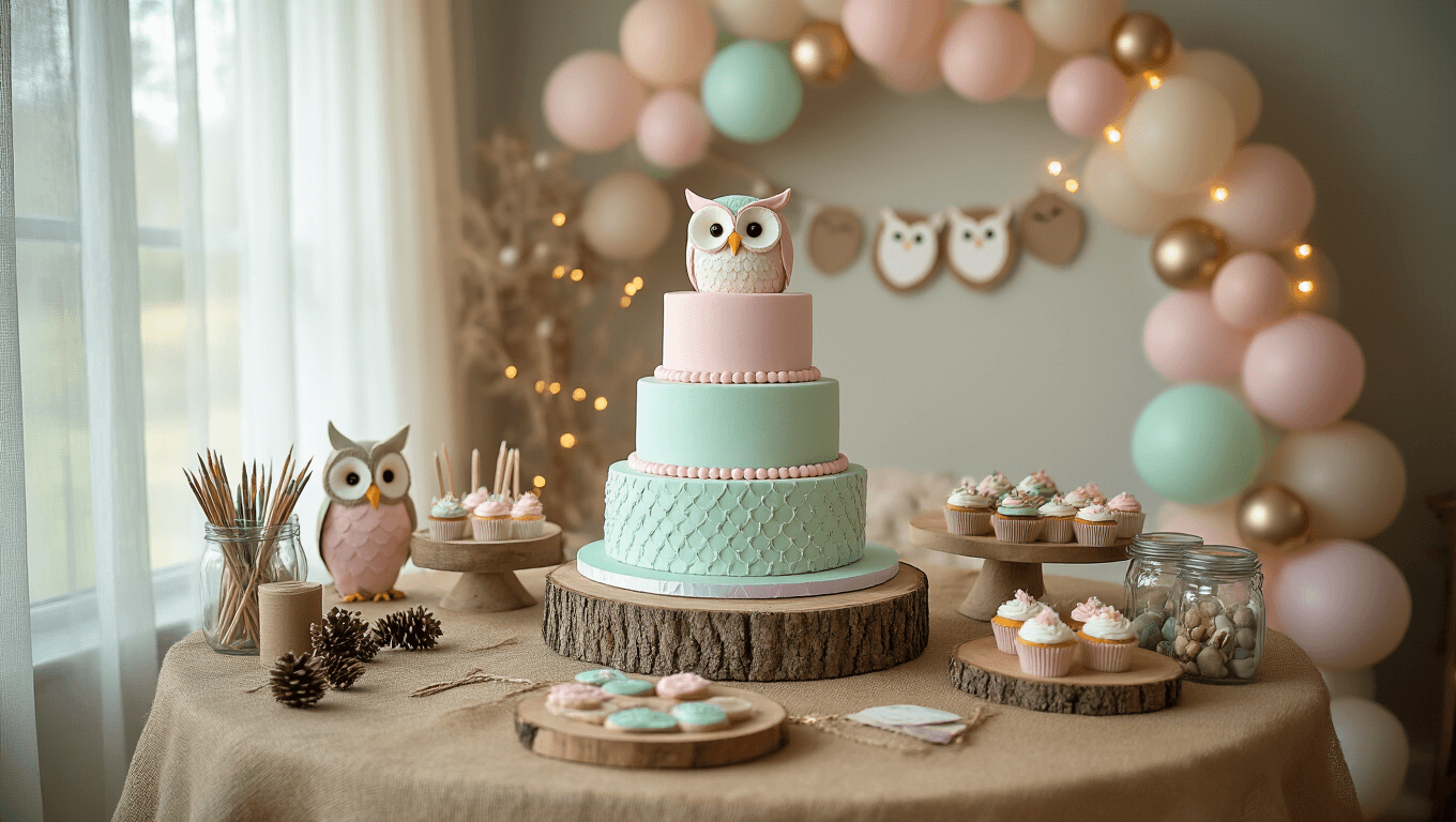 Whimsical woodland-themed birthday party setup in a living room, featuring a 3-tier owl-shaped cake, owl-topped cupcakes, DIY craft station, and decorative elements like a balloon arch and fairy lights, captured in soft natural afternoon light.