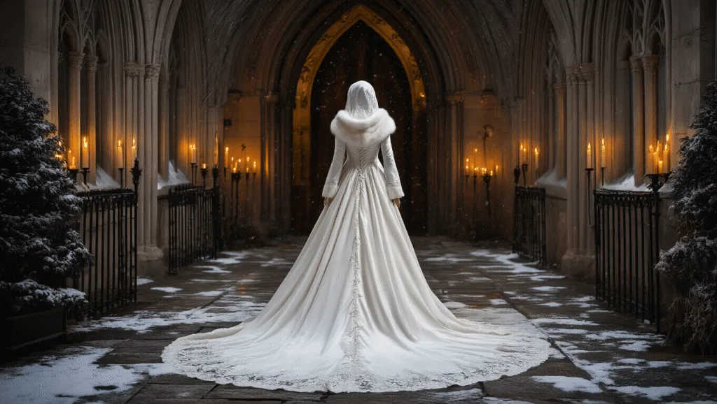 A bride in a white velvet gown with a fur-trimmed hooded cape stands in a gothic church entrance, surrounded by soft snowfall and warm candlelight, creating a romantic and moody winter atmosphere.