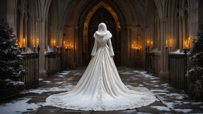 A bride in a white velvet gown with a fur-trimmed hooded cape stands in a gothic church entrance, surrounded by soft snowfall and warm candlelight, creating a romantic and moody winter atmosphere.