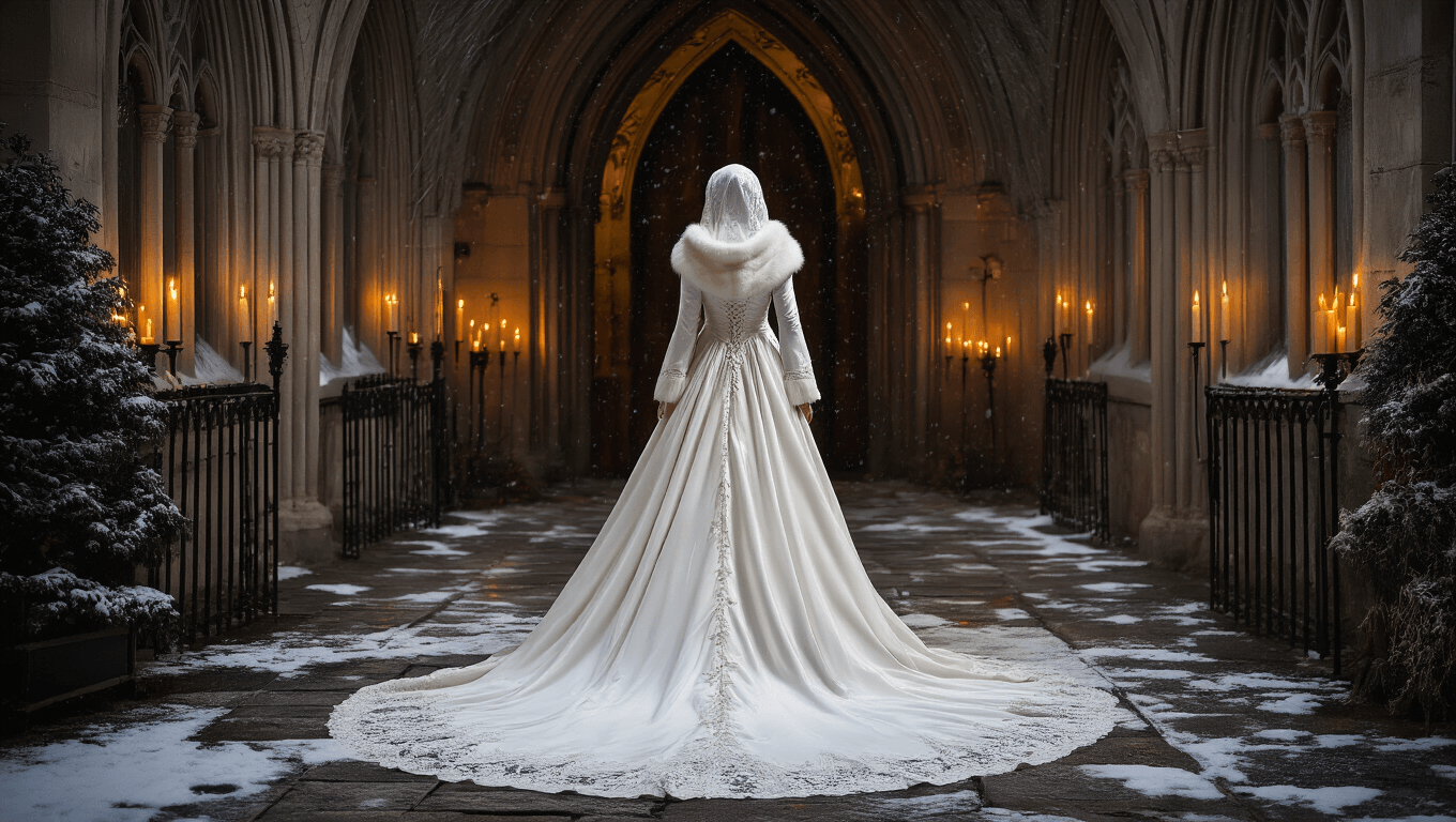 A bride in a white velvet gown with a fur-trimmed hooded cape stands in a gothic church entrance, surrounded by soft snowfall and warm candlelight, creating a romantic and moody winter atmosphere.