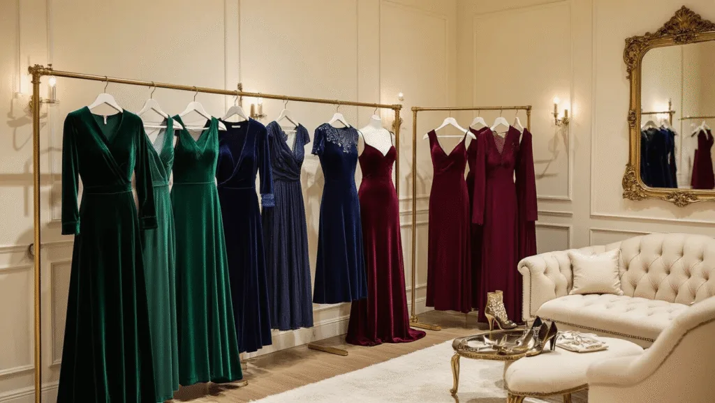 High-end boutique interior showcasing winter wedding guest dresses in rich jewel tones, featuring emerald velvet, navy satin, and burgundy crepe, with brass racks, metallic accessories, and a plush cream seating area.