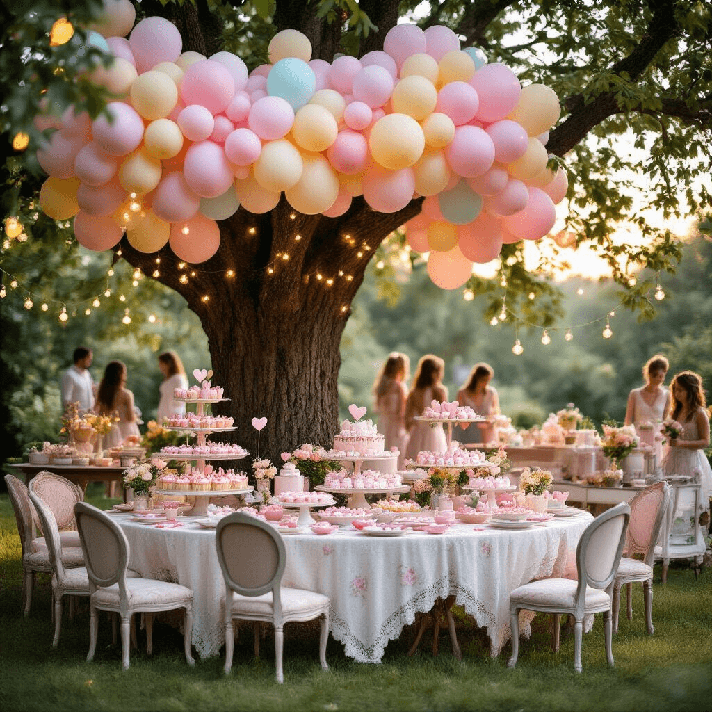 A dreamy outdoor garden party at golden hour with a grand tree draped in pastel balloons, vintage tables and chairs adorned with lace and floral china, a colorful dessert cart filled with heart-shaped treats, guests enjoying a DIY balloon pop game wall, and twinkling fairy lights creating an enchanting ambiance.