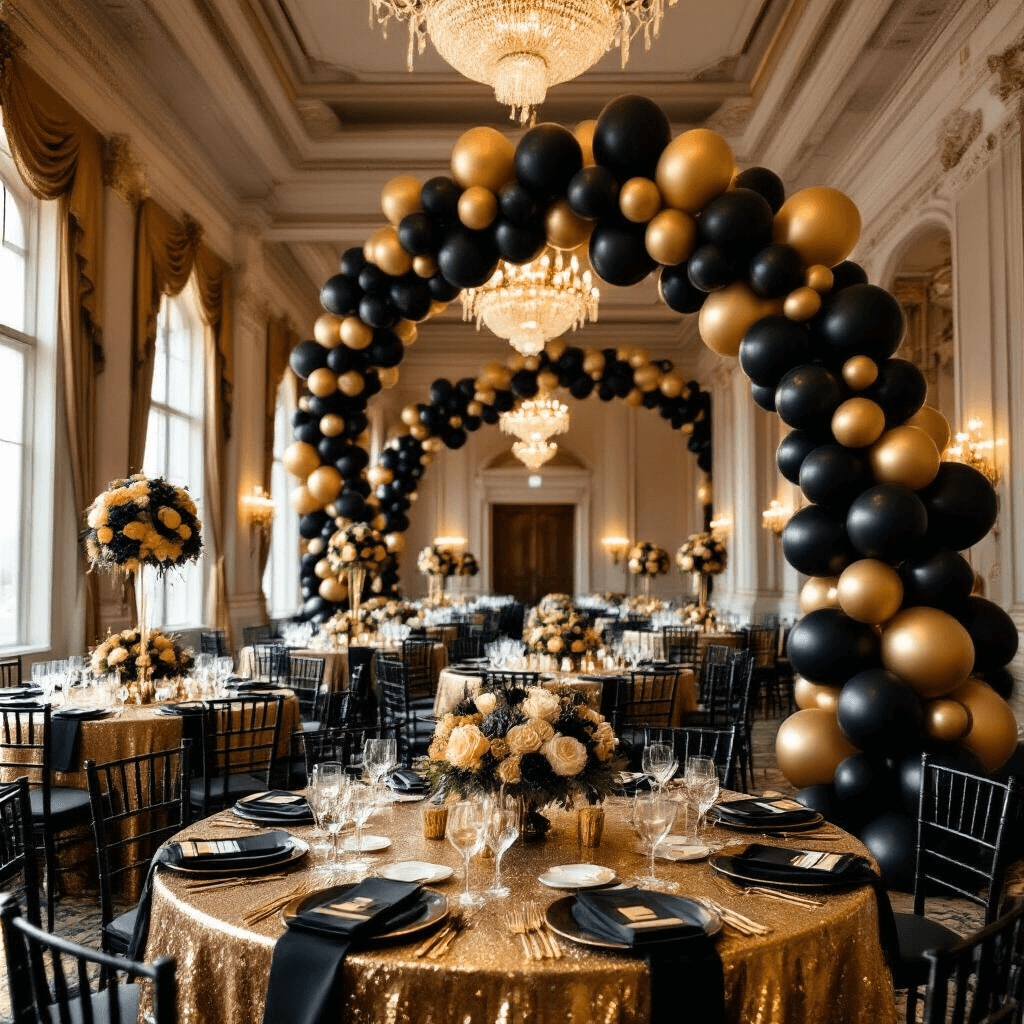 A grand ballroom decorated for a New Year's Eve celebration, featuring soaring ceilings with black and gold balloon garlands, shimmering gold sequin table linens, elegant black place settings, tall floral centerpieces, and a stunning balloon arch, all illuminated by soft amber lighting from crystal chandeliers.