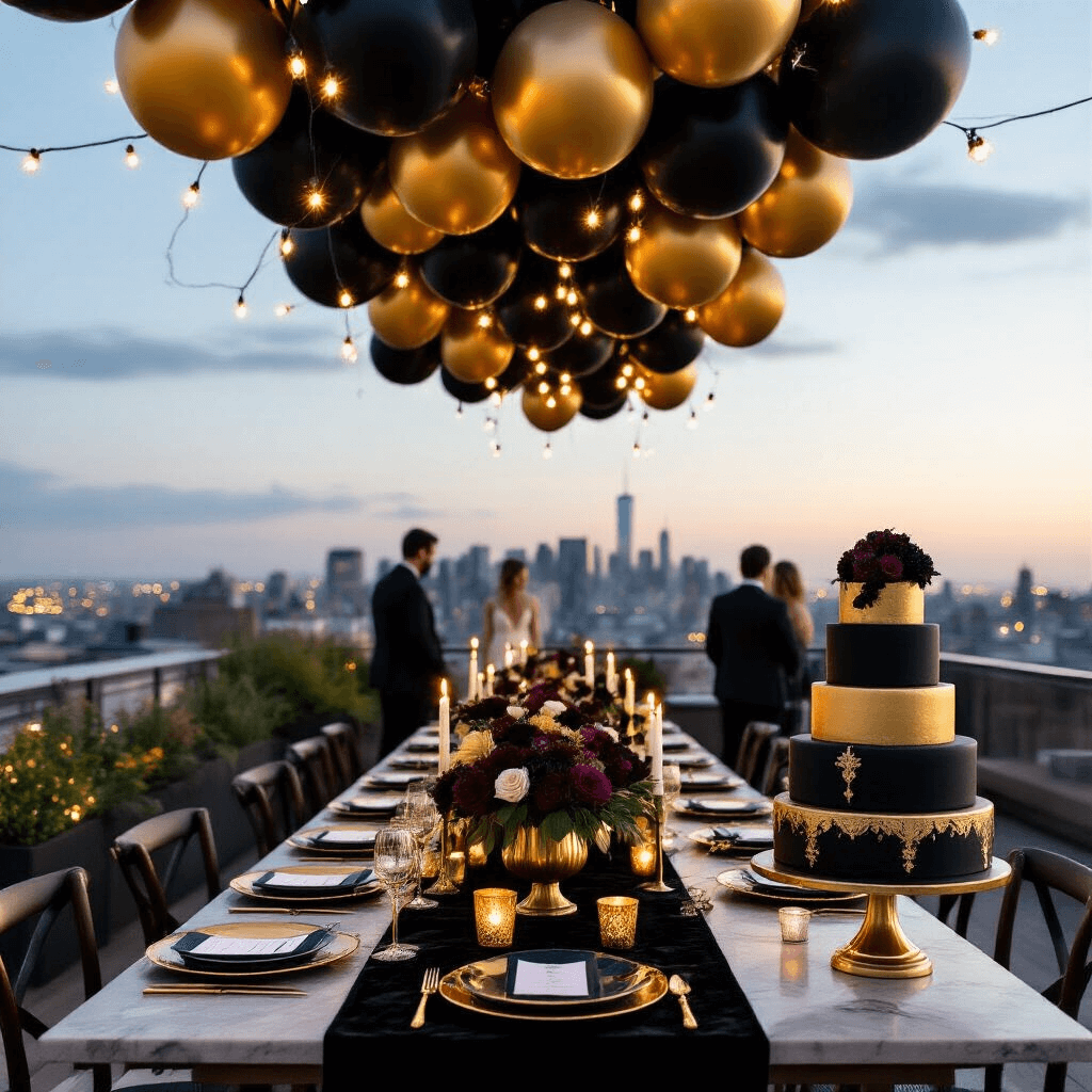 An elegant rooftop terrace birthday party at dusk, featuring a long farmhouse table with a black velvet runner, gold charger plates, dark floral centerpieces in gold vases, and black taper candles. Overhead, a canopy of black and gold helium balloons, with a city skyline twinkling in the background and guests mingling around a marble bar cart. A tiered black and gold birthday cake is prominently displayed.