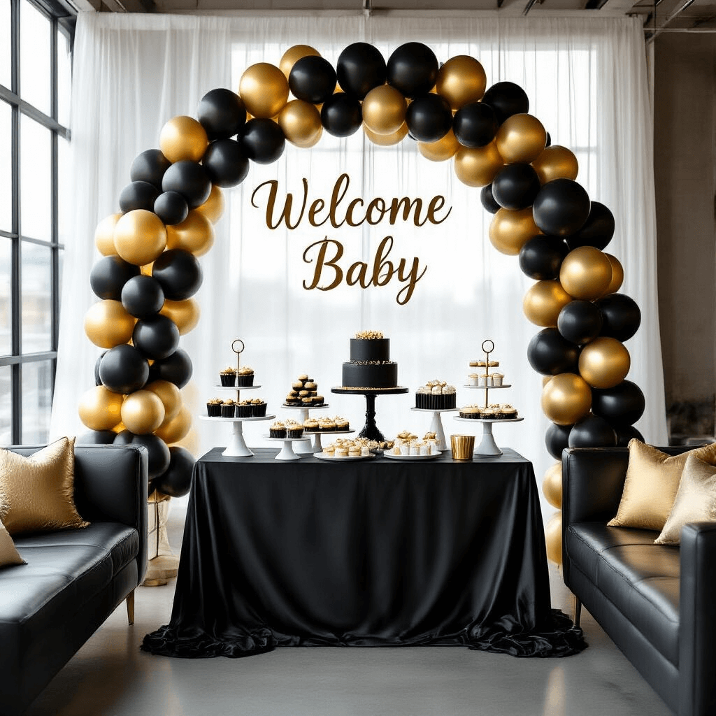 A chic modern loft baby shower setup with soft morning light, featuring a luxurious black silk dessert table, an asymmetrical black and gold balloon arch, elegant gold calligraphy signage, and stylish lounge areas with black leather sofas and gold accents.
