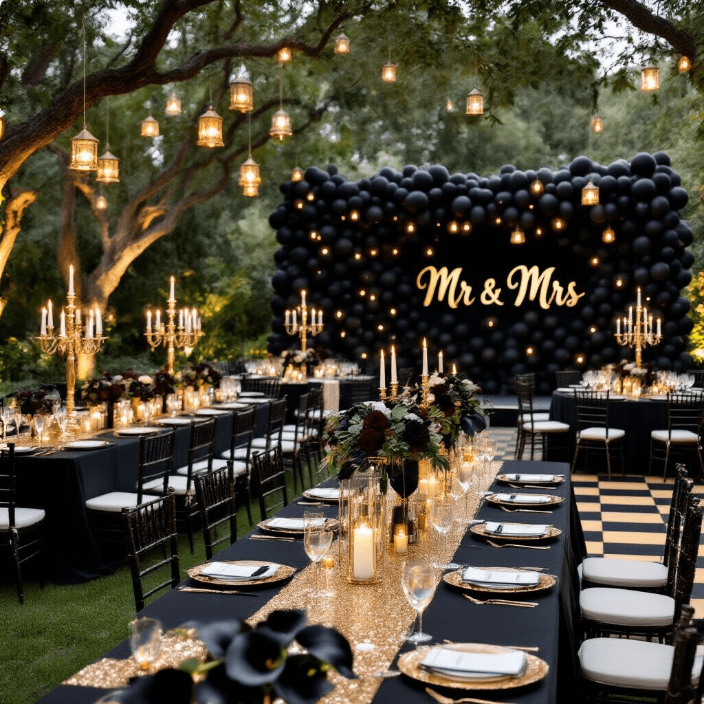 A glamorous outdoor wedding reception in a lush garden, featuring tables with black linens and gold sequin runners, tall centerpieces of candelabras and glass cylinders, a dramatic black balloon wall with a 'Mr & Mrs' sign, twinkling fairy lights, and a black and gold checkered dance floor.