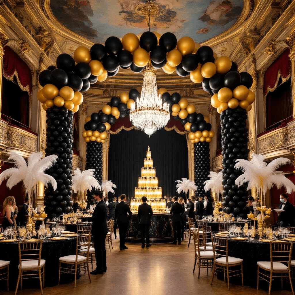 An opulent masquerade-themed corporate gala in a historic theatre, featuring black and gold balloon columns, sequin-draped cocktail tables with extravagant centerpieces, a champagne tower, and a striking balloon chandelier, with elegantly dressed masked guests mingling under dramatic balloon sculptures.