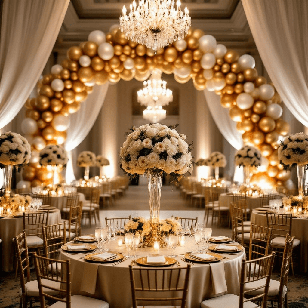 A lavish ballroom wedding reception with soaring ceilings, crystal chandeliers, round tables in champagne silk linens, towering floral centerpieces of white roses and gold-painted leaves, a grand ombré gold balloon arch above the dance floor, gilt Chiavari chairs, and soft light filtering through sheer ivory drapery at golden hour.