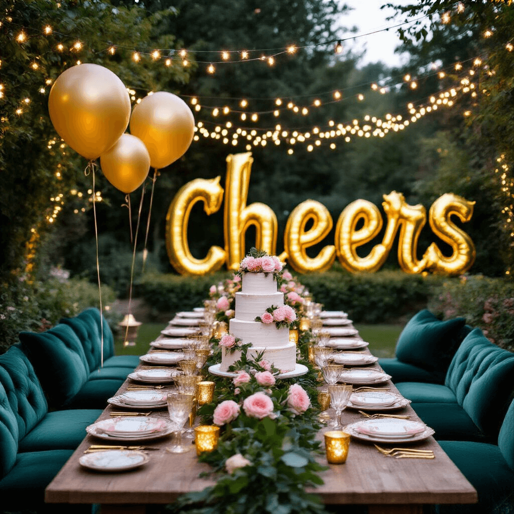 An enchanting garden birthday party at twilight, featuring twinkling fairy lights, vintage china on farmhouse tables, lush greenery with blush pink roses, gold votives, a dessert display with a tiered naked cake, plush velvet lounge areas, and a gold balloon installation spelling 'Cheers'.