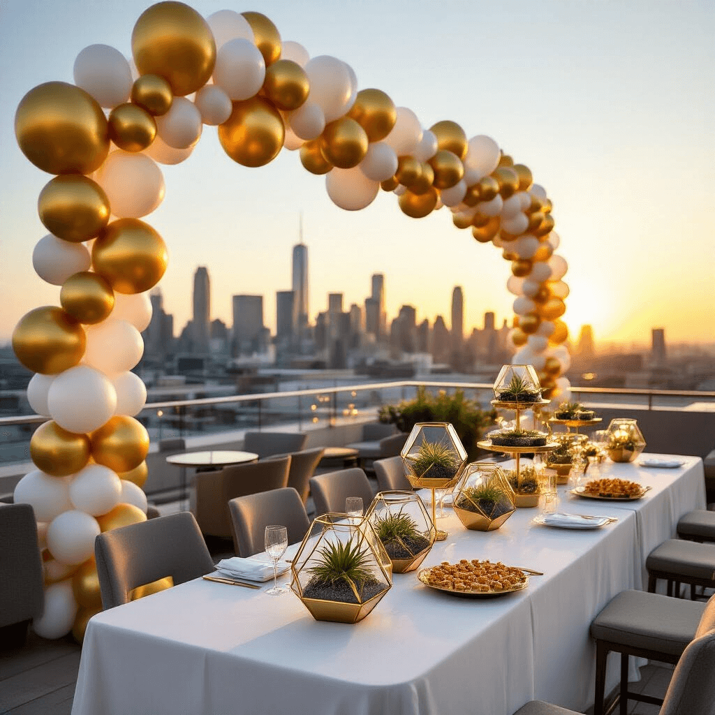 A chic rooftop cocktail party at sunset featuring modern high-top tables with white linens and gold geometric terrariums, a gold and chrome balloon garland, clusters of mylar star balloons, a champagne tower, elegant hors d'oeuvres, and soft uplighting illuminating the gathering.