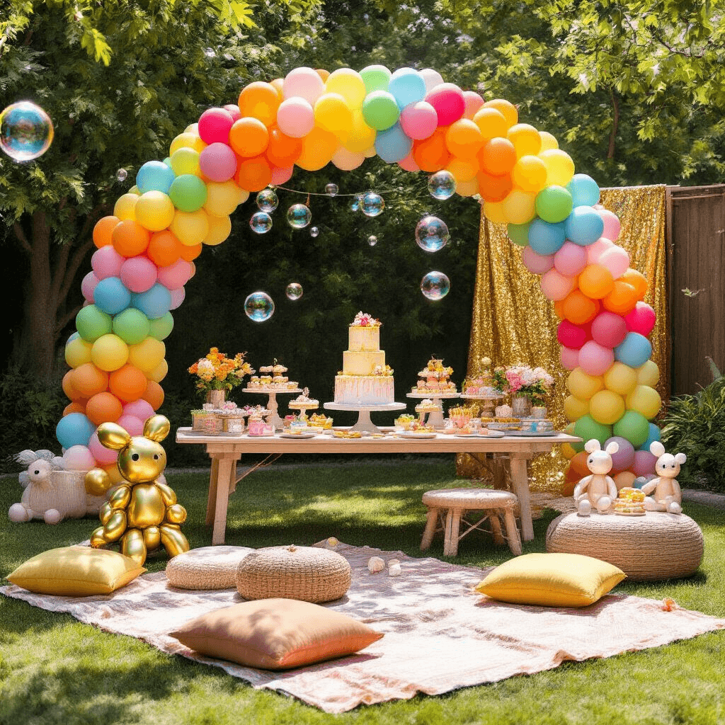 A cheerful children's birthday party in a sunny backyard featuring a vibrant rainbow balloon arch, a dessert table with colorful treats and a gold balloon cake, cozy seating areas with picnic blankets and cushions, playful metallic gold balloon animals, a bubble machine, and a sparkling gold sequin photo booth backdrop.