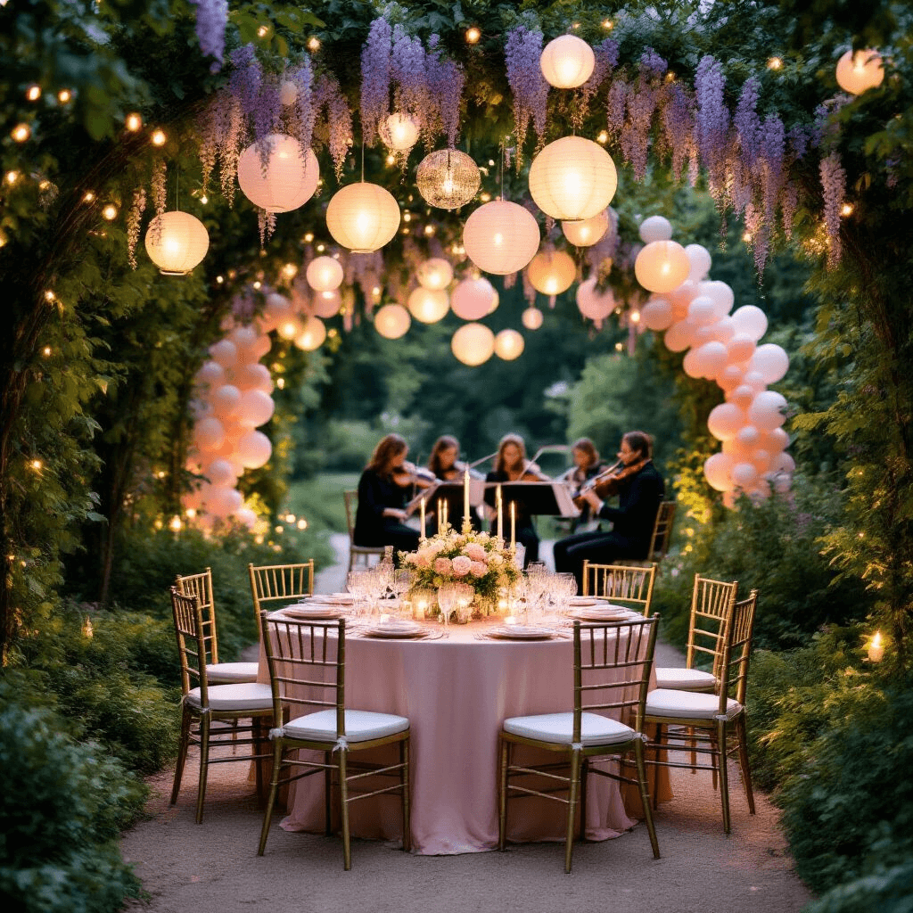 A romantic garden party at dusk featuring twinkling fairy lights, paper lanterns, and a circular table draped in blush linen, surrounded by gold chiavari chairs. A floral chandelier and floating clear balloons adorn the scene, with tall candles illuminating vintage china and etched glassware, while a string quartet plays beneath pastel balloons and wisteria.