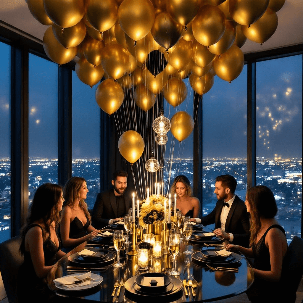 An elegant New Year's Eve dinner party in a chic city apartment features a glass dining table with black and gold accents, surrounded by guests. Floor-to-ceiling windows reveal a sparkling city skyline, while gold balloons cascade from the ceiling like champagne bubbles. Black taper candles in gold holders illuminate stylish matte black plates and gold cutlery, and a balloon drop bag hangs above, awaiting the midnight celebration.