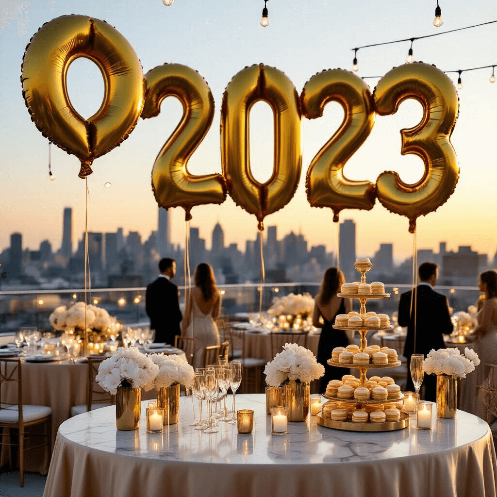 A luxurious rooftop terrace at golden hour with oversized gold number balloons spelling '2023', elegant tables with floral centerpieces, fairy lights, a marble bar with champagne flutes and gold-dusted macarons, and guests in evening wear silhouetted against the sunset.
