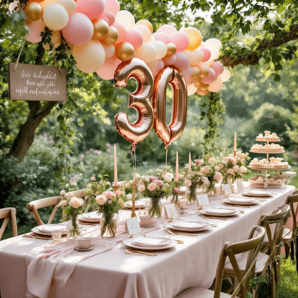 A picturesque garden party scene featuring a long farmhouse table dressed in blush pink linen, adorned with vintage china, gold cutlery, and hand-calligraphed place cards. Balloon garlands in soft pinks and gold frame the table, with giant rose gold 
