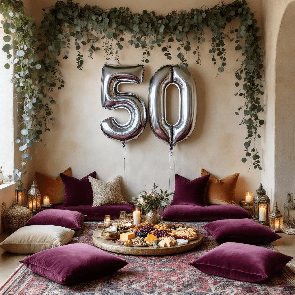A cozy living room adorned with oversized '50' silver mylar balloons, eucalyptus garlands, plush velvet cushions, and intricate Moroccan lanterns, featuring a sumptuous grazing board and layered rugs, all captured in a warm, inviting atmosphere for an intimate birthday celebration.