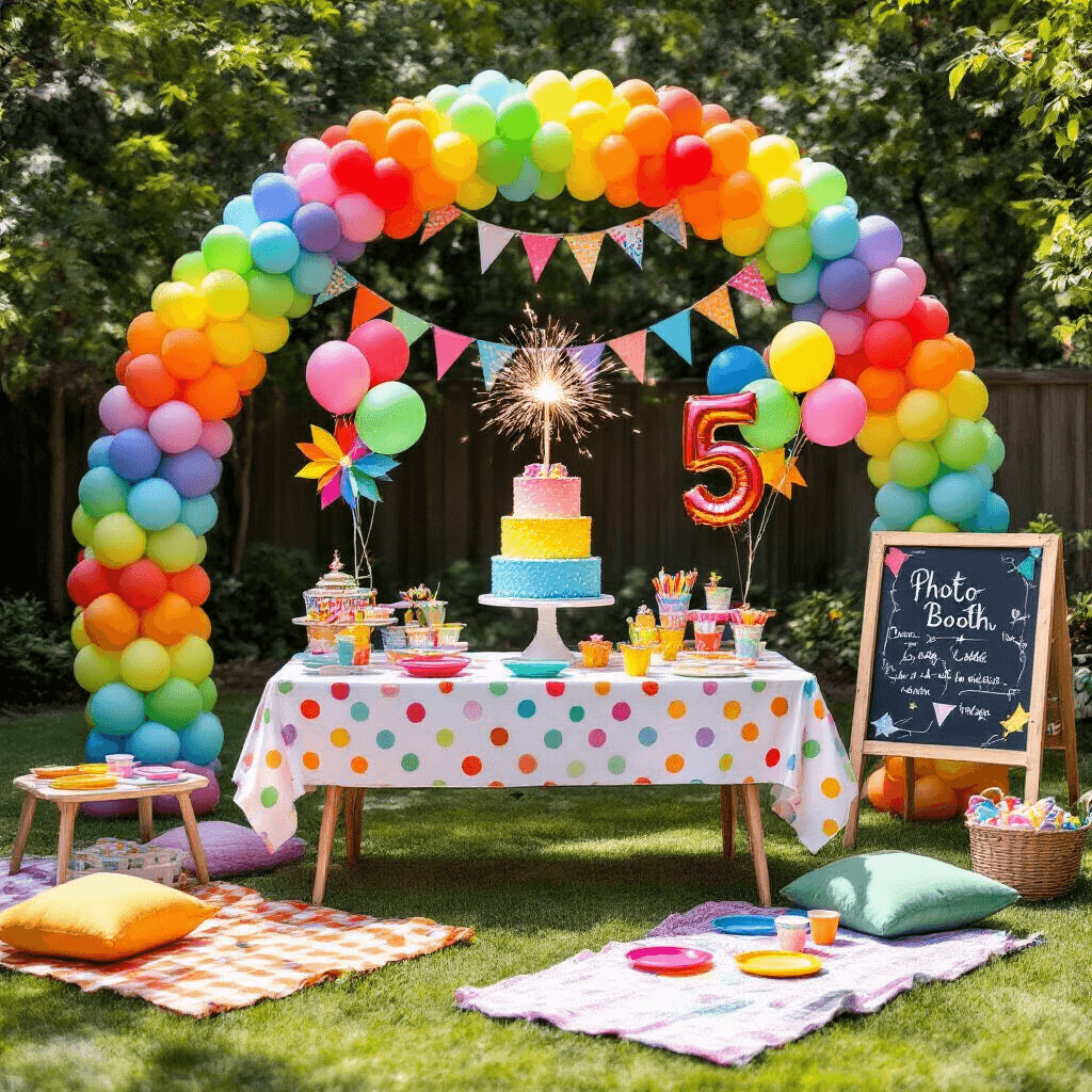 A vibrant children's birthday party in a sunlit backyard featuring a rainbow balloon arch, a polka-dot dessert table with a colorful birthday cake topped with a sparkler, cheerful number '5' balloons, picnic blankets with bright plates, a DIY photo booth, and colorful decorations including pinwheels and bunting, all captured from a slightly elevated angle.