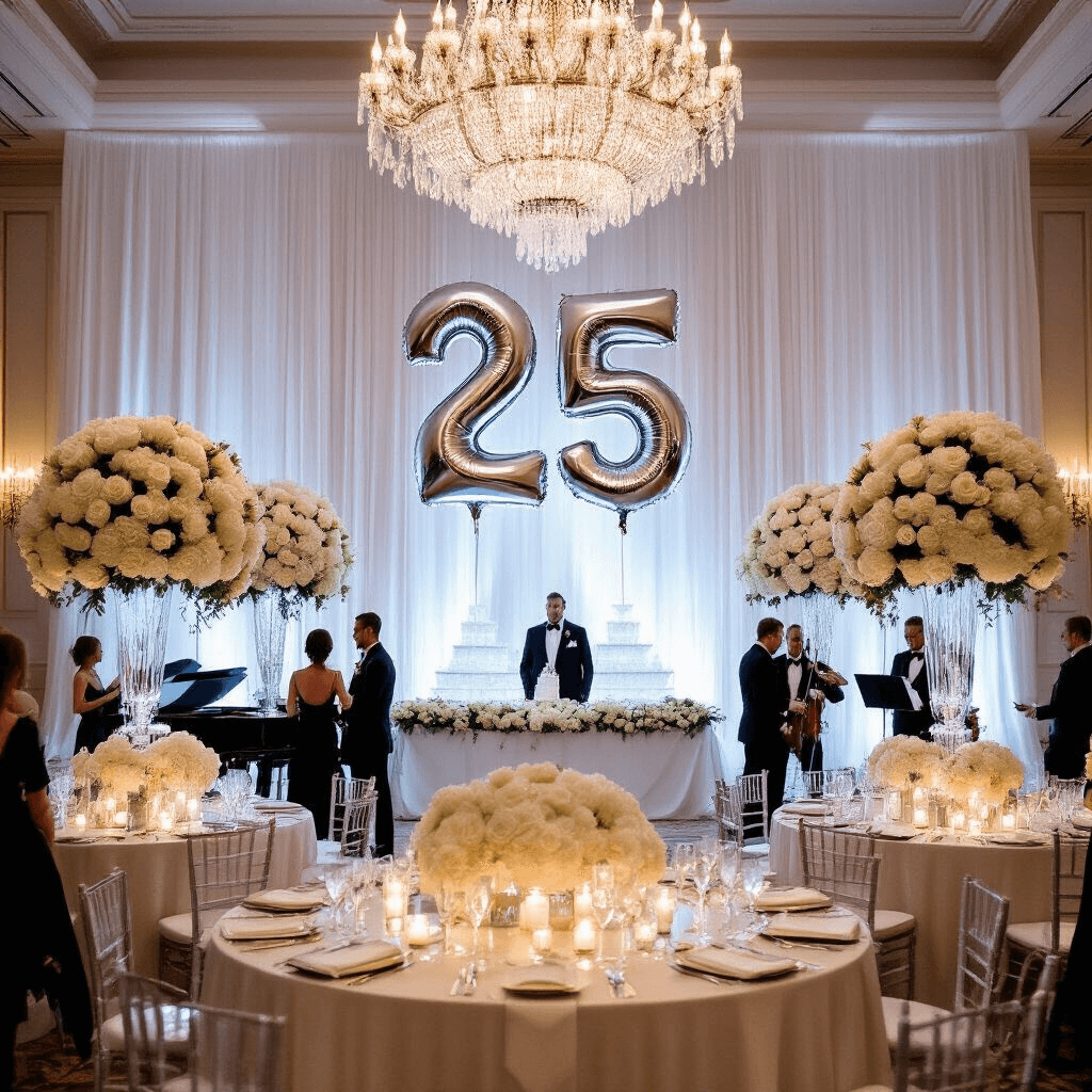 A luxurious ballroom set for a 25th wedding anniversary, featuring towering floral arrangements of white roses and hydrangeas, giant silver '25' balloons, and elegantly draped tables with mirrored centerpieces. Crystal chandeliers illuminate the scene, while guests in black-tie attire mingle near a grand piano adorned with garlands, all under a backdrop of sheer white drapes with a monogrammed light projection.