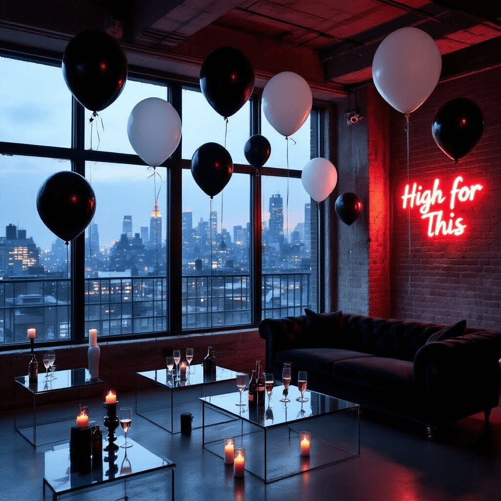 A dimly lit urban loft with floor-to-ceiling windows showcasing city lights, featuring black and white balloons of various sizes floating around. Glass tables hold half-empty champagne flutes, and a plush velvet sofa in charcoal is illuminated by a neon sign that reads 'High for This'. Soft LED lights cast a warm ambiance, enhancing the cinematic and mysterious atmosphere of the space.