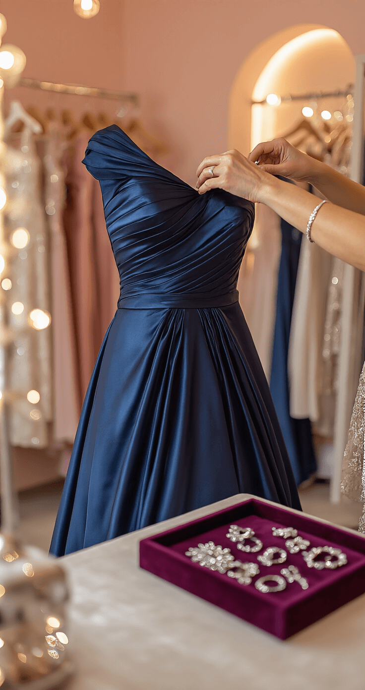 How to Rock a Satin Evening Gown: A Real Girl's Guide to Timeless Elegance Close-up of a midnight blue satin gown being pinned for alterations in an intimate boutique fitting room with warm lighting and blush pink walls, showcasing delicate pleating and matched seams, with elegant silver accessories on a velvet-lined tray and softly blurred racks of luxury evening wear in the background.
