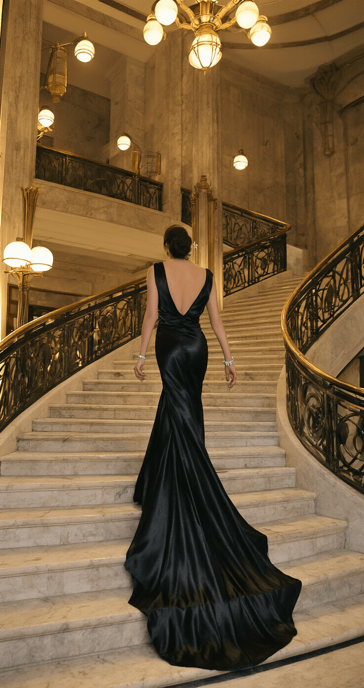 How to Rock a Satin Evening Gown: A Real Girl's Guide to Timeless Elegance A woman in a black satin gown descends a grand marble staircase in an art deco-inspired hotel lobby, with vintage brass fixtures casting warm light on her flowing gown. Subtle jewelry adds sparkle as architectural details frame the dramatic scene.