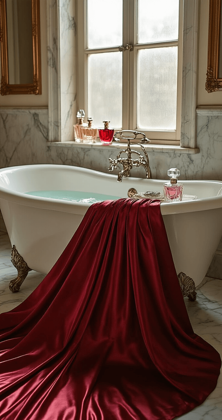 How to Rock a Satin Evening Gown: A Real Girl's Guide to Timeless Elegance A close-up of a luxury hotel suite's marble bathroom featuring a ruby red satin gown's train cascading over a vintage clawfoot tub. Soft afternoon light filters through frosted windows, illuminating crystal perfume bottles and elegant evening accessories nearby, while an antique mirror reflects warm metallic accents and rich fabric textures. The macro focus highlights the intricate weave of the fabric and its interaction with light.
