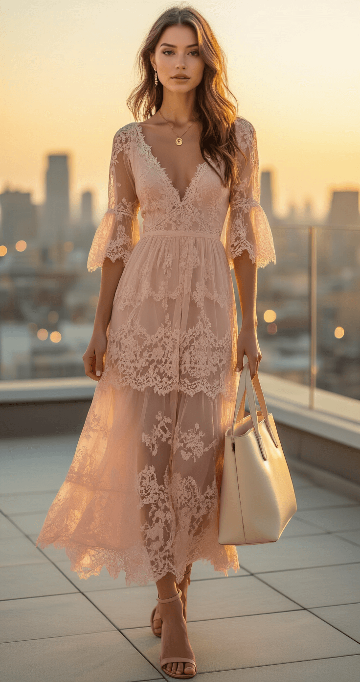 A model in a blush pink lace midi dress poses on a sunlit urban rooftop terrace at golden hour, with the city skyline in the background and soft bokeh effect from city lights, styled with nude sandals and a cream leather tote.