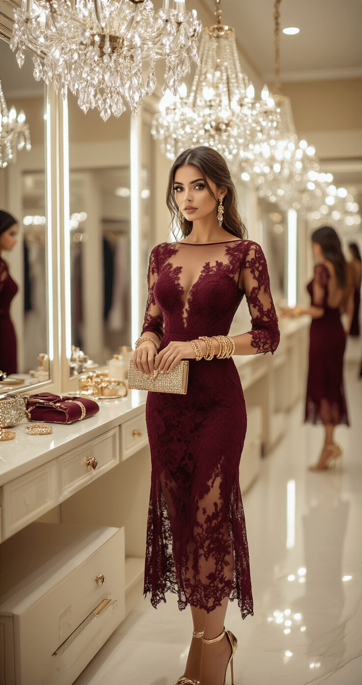 Close-up of a woman in a luxurious boutique dressing room trying on a burgundy lace midi dress, accessorized with layered gold bracelets, a sparkly clutch, and metallic stilettos, with soft lighting from chandeliers and mirror reflections enhancing the intricate details of the outfit.