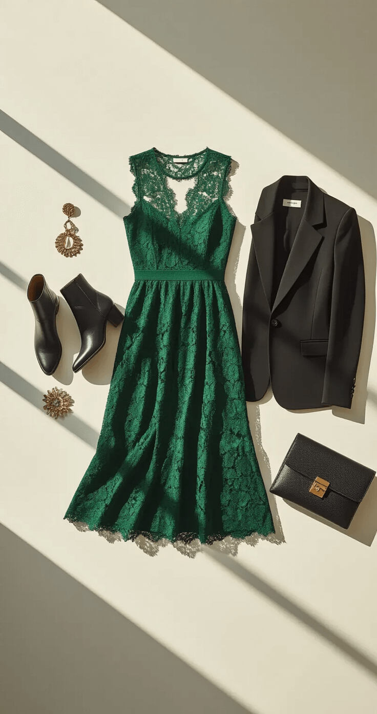 Minimalist white studio space filled with morning light, showcasing a fashion flat lay of an emerald green lace midi dress paired with ankle boots, a black blazer, statement earrings, and a textured leather clutch, arranged in a wide shot from above with soft shadows highlighting the textures.