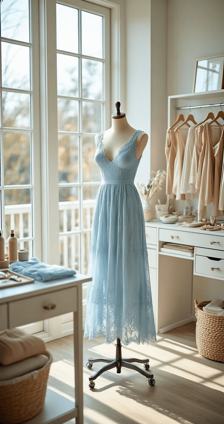 A bright dressing room featuring floor-to-ceiling windows with natural light, showcasing a stylist steaming a powder blue lace midi dress on a dress form, surrounded by an organized vanity with styling tools, nude undergarments, and neatly arranged jewelry options.