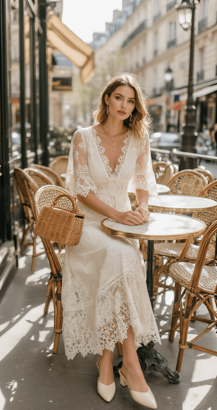 A woman in an ivory lace midi dress with sheer sleeves sits at a Parisian café terrace, wearing minimal gold jewelry and cream mules, with a vintage wicker handbag on the bistro table. Soft backlight enhances the dress's transparency effects.