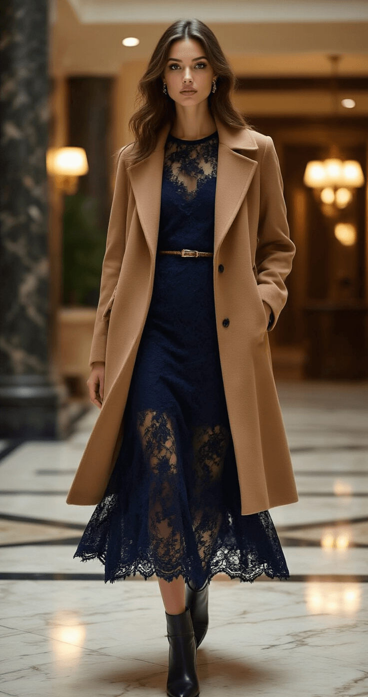 A model in a navy lace midi dress and camel wool coat poses mid-motion in an elegant hotel lobby with marble floors, showcasing the contrast between fabric textures, illuminated by warm evening lighting with professional strobe and ambient fill.