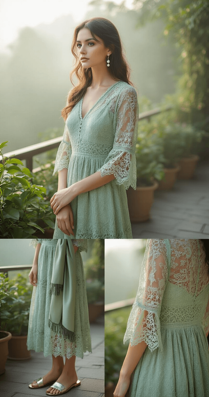 A close-up shot of a sage green lace midi dress on a garden terrace in the early morning mist, showcasing intricate sleeve construction and fabric texture, styled with pearl drop earrings, a silk scarf, and metallic flat sandals, captured with macro lens to emphasize lace details and sheerness under natural diffused lighting.