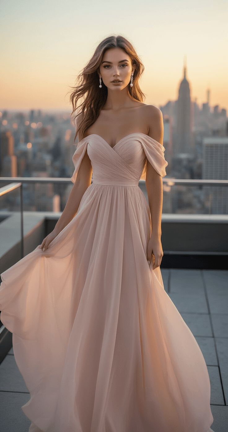 A model in a flowing blush pink off-shoulder gown poses on an elegant rooftop terrace during golden hour, with the NYC skyline in the background. Her hair is styled in loose waves adorned with pearl accents, and she wears minimal diamond drop earrings. The soft evening breeze makes her dress move gracefully, while her natural makeup enhances her glow. The shot is from a slight low angle, capturing a dreamy bokeh effect.