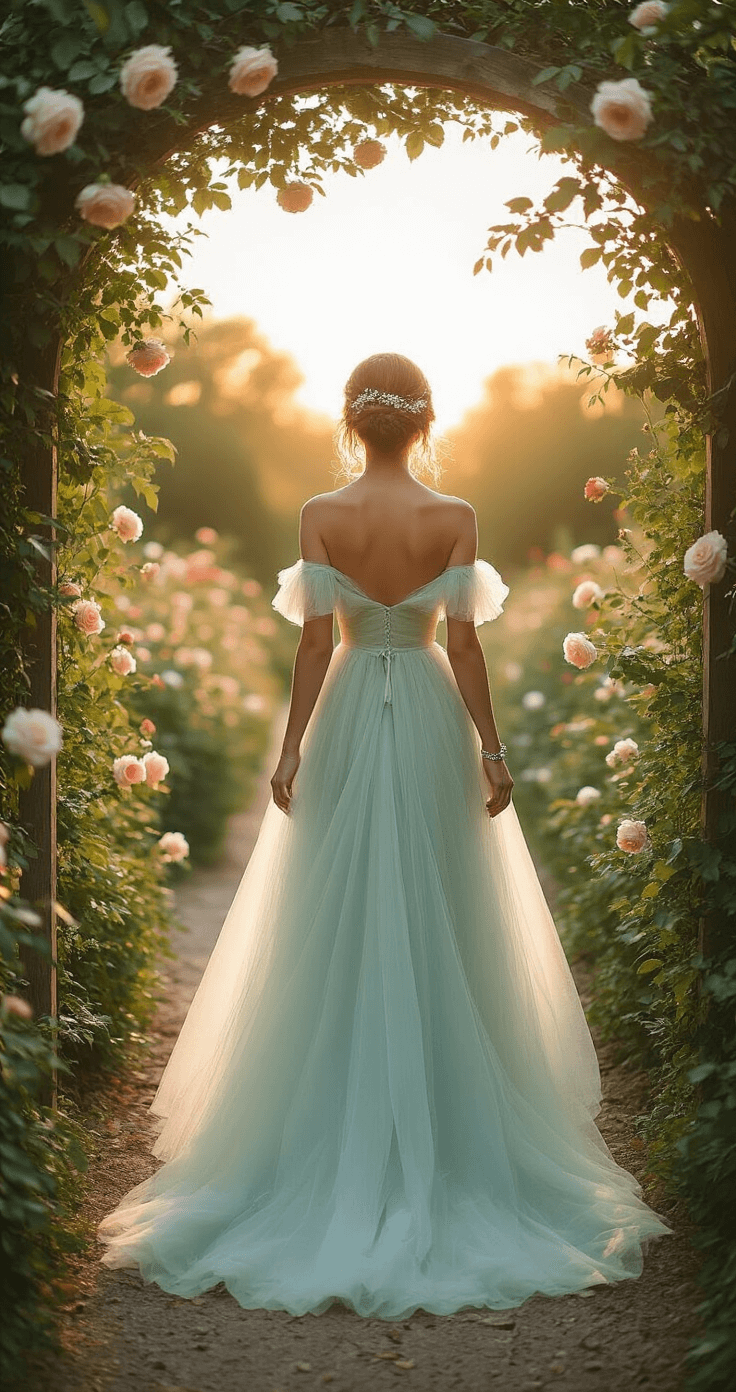 A model in a mint green off-shoulder tulle gown walks through a rose arbor at a garden wedding venue during sunset, with a soft updo adorned with baby's breath. The delicate silver bracelet catches the light, and neutral stilettos are visible beneath the gown's hem. The image is shot from behind, highlighting the shoulder detail and hair styling in a dreamy, backlit scene with natural lens flare.