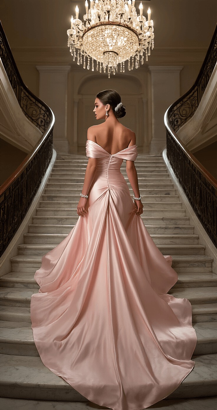 A model in a powder pink off-shoulder satin gown descends a marble staircase in a grand ballroom, her hair styled in a classic chignon adorned with pearl accents. Diamond stud earrings and a single bracelet sparkle in the chandelier light, while dramatic architectural elements frame the scene, capturing the full movement of her dress.