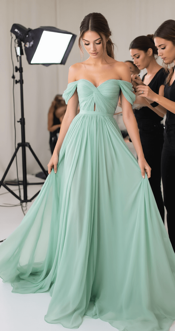 Intimate backstage scene at a fashion show featuring a model in a seafoam green off-shoulder chiffon gown receiving final adjustments from a styling team, with a makeup artist performing touch-ups, all captured in a documentary style with selective focus on clothing details and a pastel color palette.