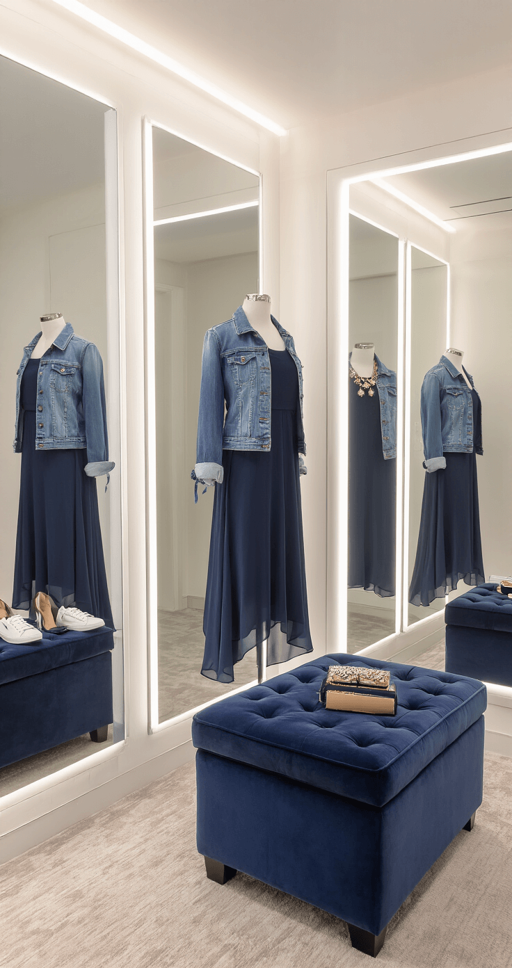 Bright modern boutique dressing room featuring multiple mirrors reflecting a navy chiffon dress styled in three ways: casual with a denim jacket and white sneakers, office-ready with a blazer and pumps, and evening-ready with statement jewelry and a clutch. An organized accessory layout is displayed on a velvet ottoman under soft overhead lighting.
