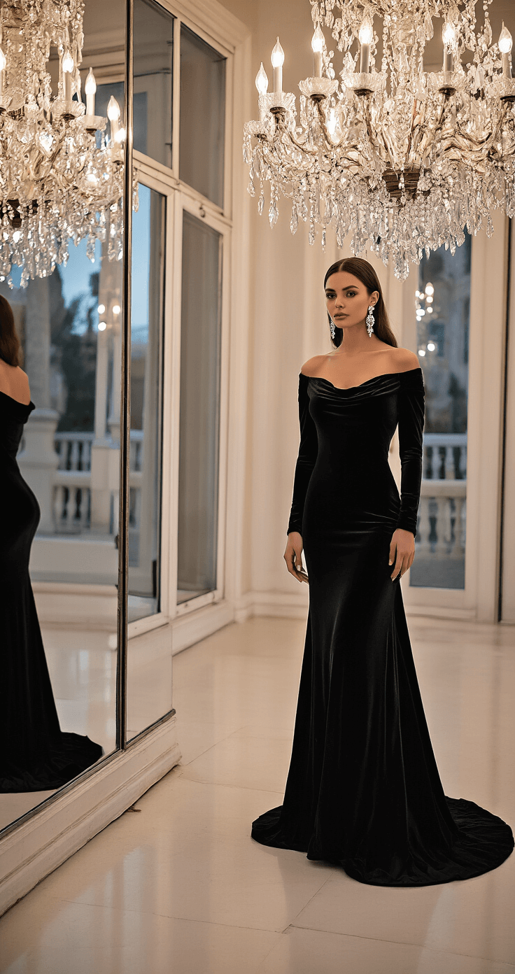 A full-length portrait of a model in a black velvet gown with a cowl neckline stands in an opulent ballroom at dusk, adorned with diamond drop earrings that shimmer in the chandelier light. The reflection in the mirror subtly reveals seamless nude undergarments, while professional studio lighting provides a soft fill.