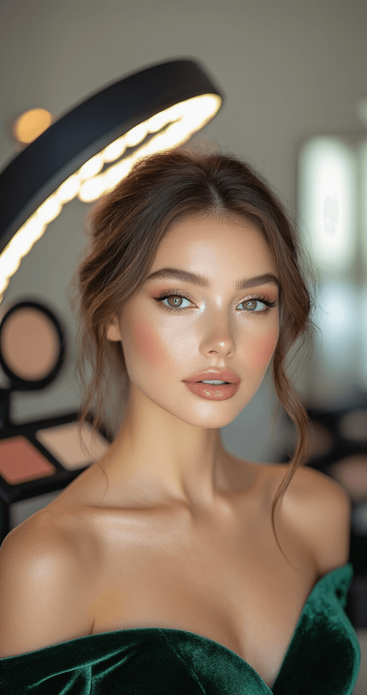 Close-up of shimmer-dusted collarbones and shoulders in a forest green velvet gown, with a contemporary makeup studio featuring ring lights and professional setup in the background.