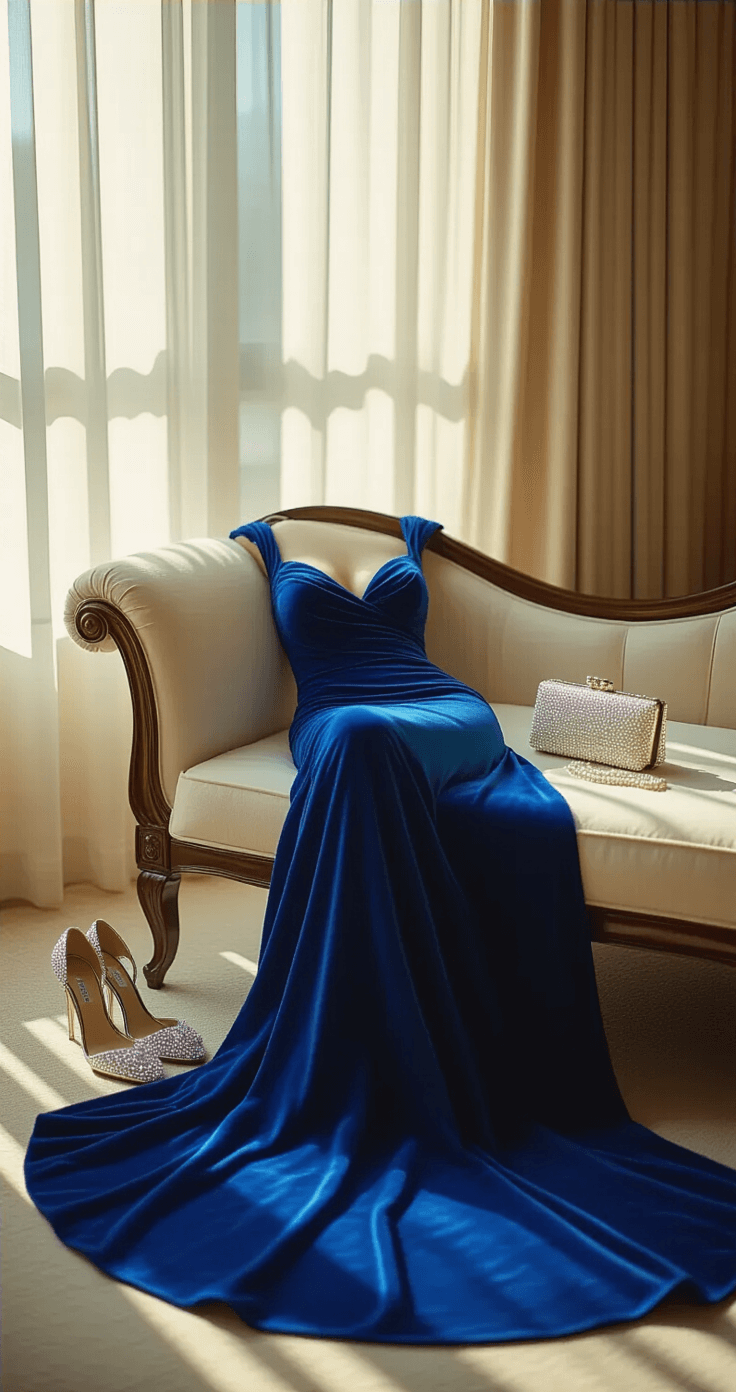 Art deco-inspired hotel suite with a royal blue velvet gown draped on a cream chaise lounge, surrounded by crystal earrings, silver strappy heels, and a pearl-handled clutch, illuminated by soft diffused natural light filtering through sheer curtains.