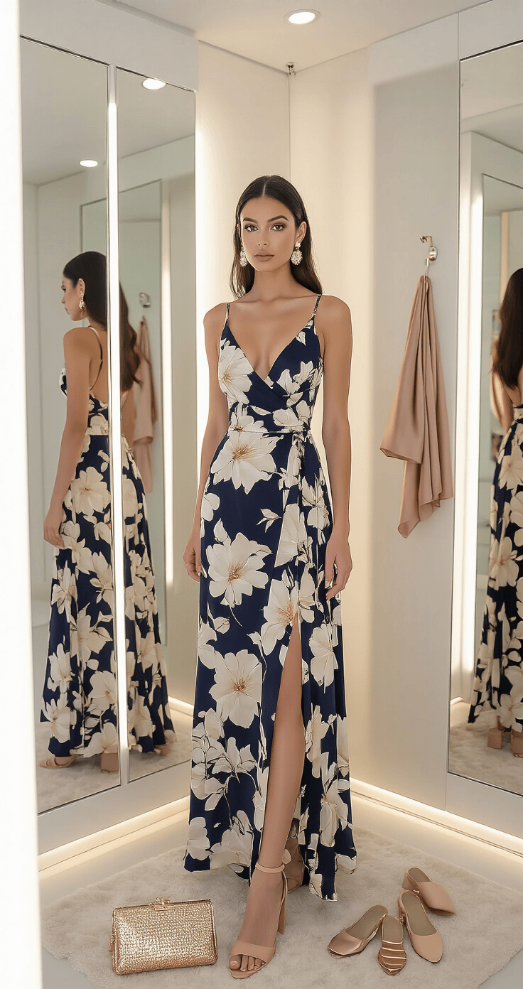 A modern minimalist boutique dressing room featuring a floor-to-ceiling mirror and soft ambient lighting, showcasing a close-up of a petite frame wearing a navy and cream floral empire-waist maxi dress with nude block heels. The reflection shows seamless nude undergarments, while scattered accessories like statement earrings, a metallic clutch, and a silk wrap are arranged nearby. The shot is straight-on, highlighting the outfit's fit and styling details.