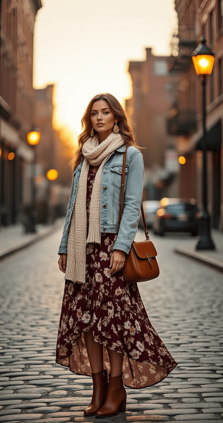 A model in a burgundy and cream floral maxi dress, layered with a distressed denim jacket and brown leather ankle boots, stands at a sunset-lit cobblestone street corner in a historic district, complemented by a chunky knit cream scarf, copper earrings, and a cognac leather shoulder bag, all illuminated by the warm glow of a streetlamp.