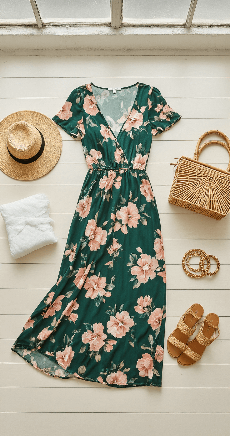 A flat lay of a floral maxi dress in emerald and blush tones styled on a pale wooden floor, surrounded by accessories including a straw fedora, gold-tone layered bracelets, woven leather sandals, and a structured bamboo handbag, with a dryer sheet and styling clips visible, all illuminated by soft mid-morning light through industrial windows.