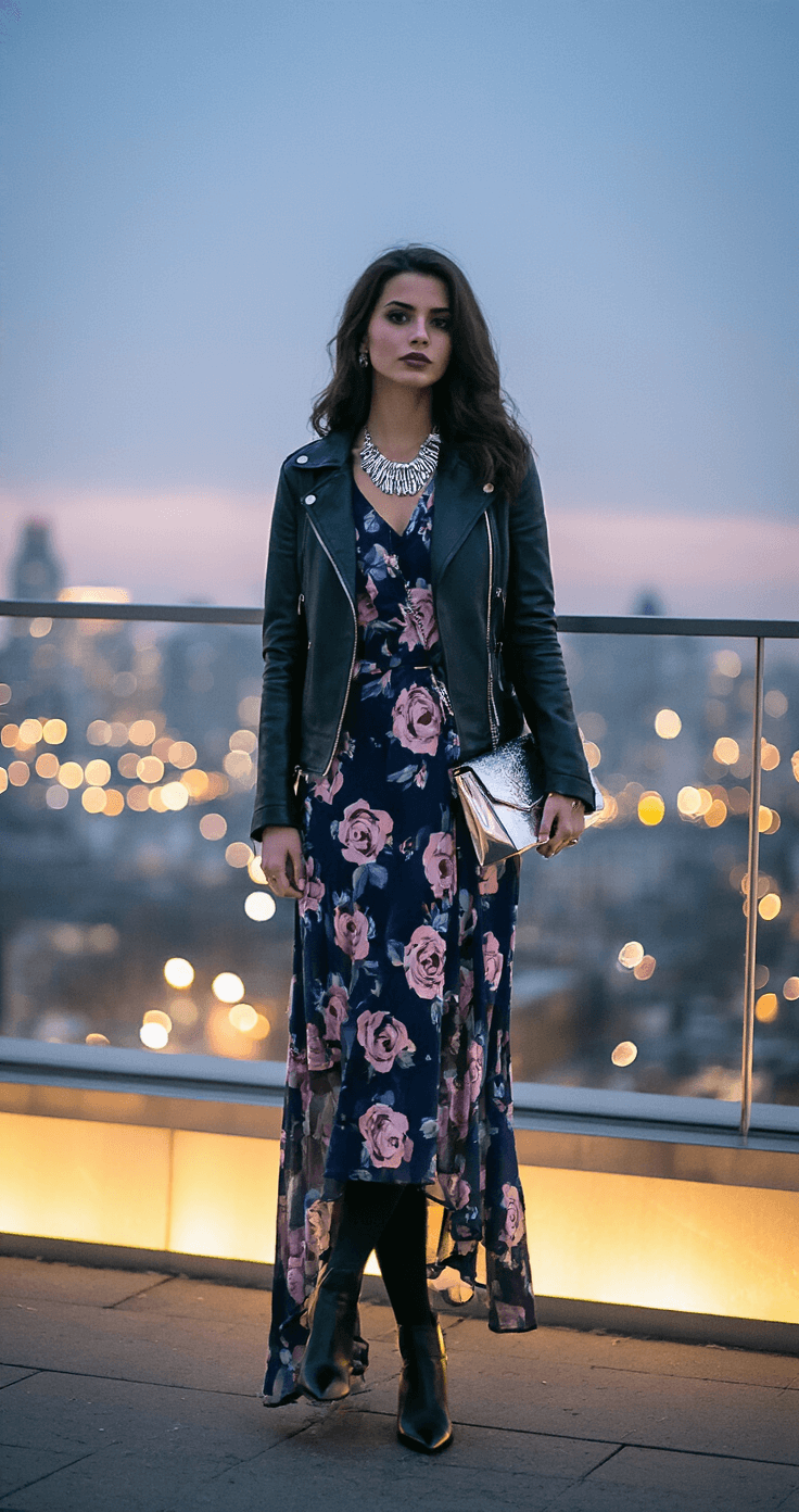 A stylish woman in a navy and rose floral maxi dress layered with a fitted black leather jacket stands on a contemporary rooftop lounge during twilight. She wears black opaque tights and pointed ankle boots, with a statement silver necklace and structured metallic evening bag. The city lights create a bokeh background, captured from street level for a dramatic urban perspective.