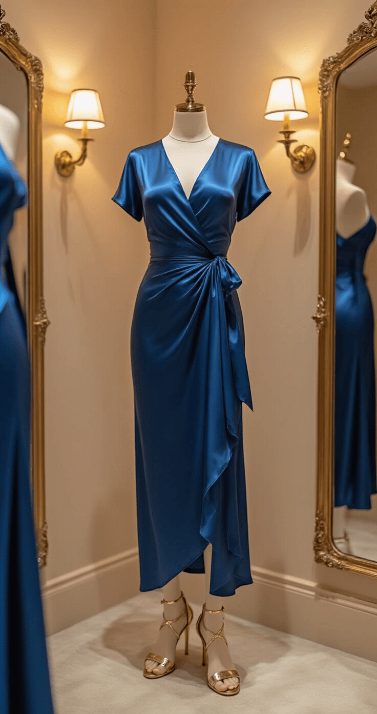 A close-up of a sapphire blue satin wrap dress in an intimate boutique fitting room, featuring warm ambient lighting, antique brass fixtures, and a rose gold full-length mirror, with delicate adjustments to the fabric's wrap closure and strappy metallic heels in the foreground.