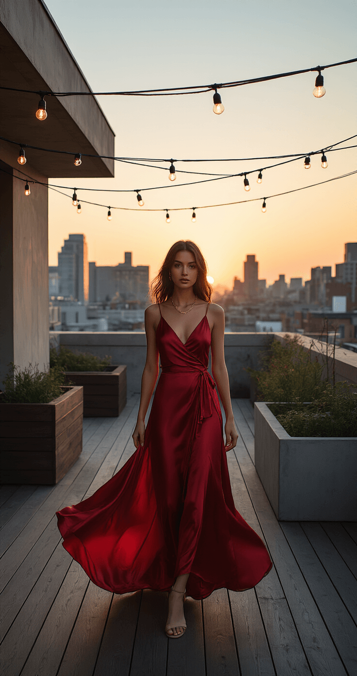 A model in a ruby red satin wrap dress stands on a modernist rooftop terrace at sunset, with twinkling string lights overhead. The dress flows gently in the breeze, complemented by gold chain necklaces and nude strappy sandals, against a backdrop of urban architecture, dark wooden decking, and concrete planters.