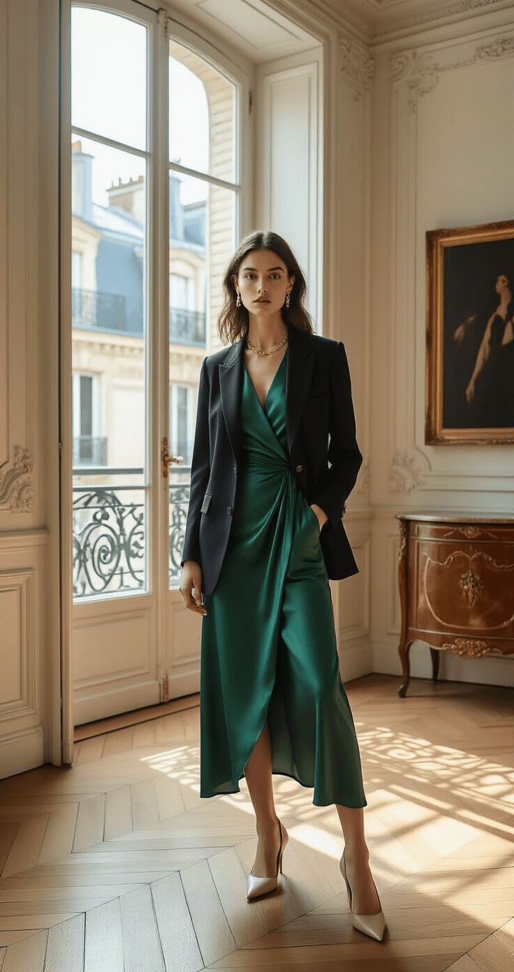 A stylish model in an emerald satin wrap dress and black blazer stands in a chic Parisian apartment, showcasing herringbone floors and ornate moldings, with mid-morning light flooding through tall windows, accented by vintage furniture and modern art.