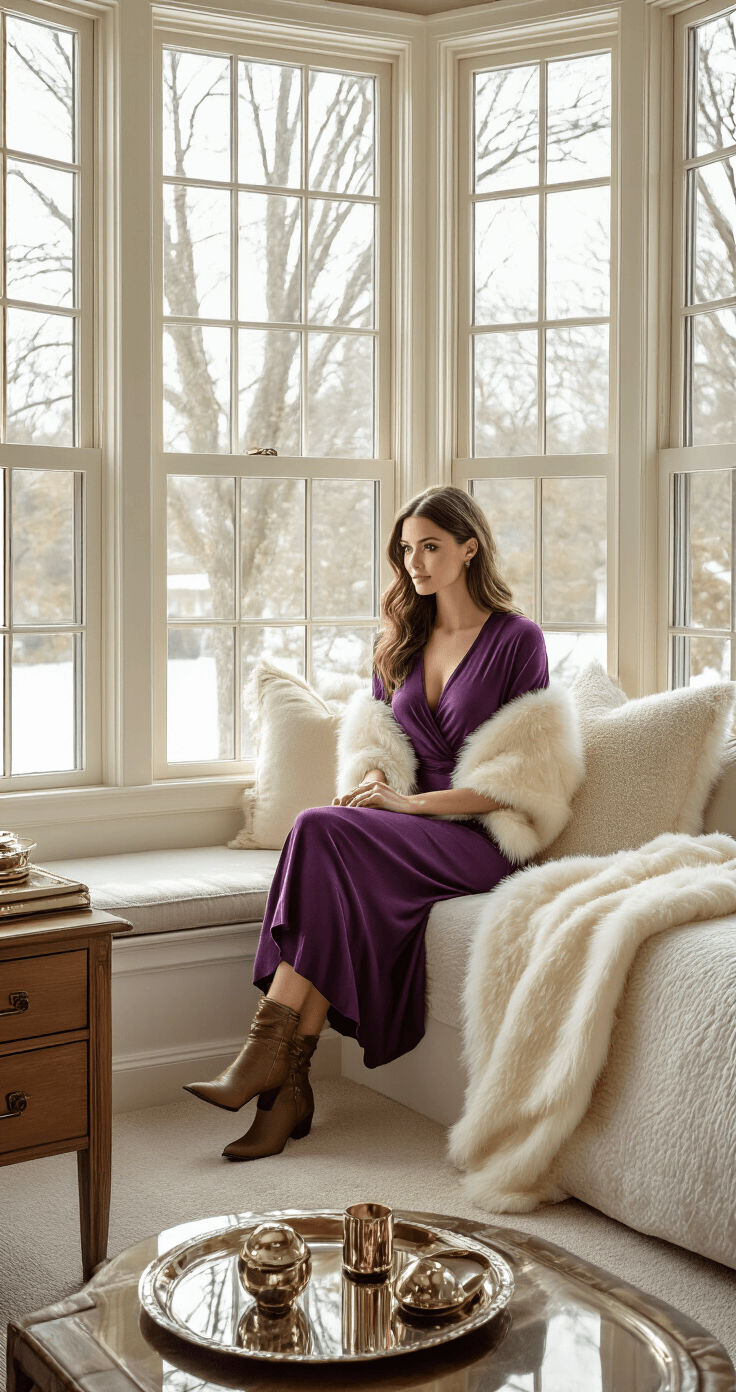 Cozy master bedroom featuring bay windows with a window seat, adorned with an amethyst wrap dress and a cream faux fur stole. The warm atmosphere is enhanced by metallic accessories on a mirrored tray, cashmere throws, elegant boots, and rich textures from wooden furniture and plush carpeting, all illuminated by soft afternoon light.