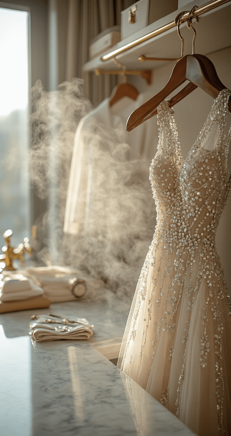 Upscale boutique maintenance station showcasing a beaded cocktail dress on a wooden hanger, delicately steamed in soft morning light, with luxury garment bags, specialty cleaning tools, and marble countertops in the background, captured in macro focus highlighting steam and beadwork.